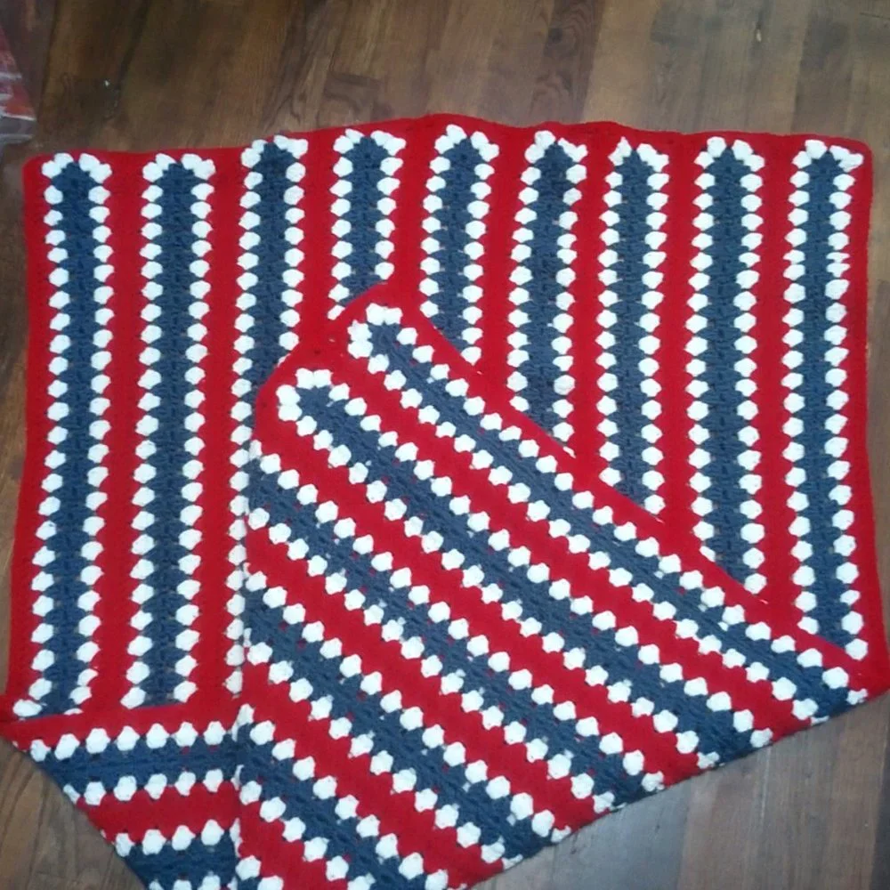 Hand Made Crochet Lapghan Red White Blue Blanket Lap Baby Essential
